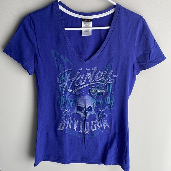 Harley-Davidson Tops - Harley-Davidson Purple V-neck T-shirt, Skull Graphic with Bling -size medium